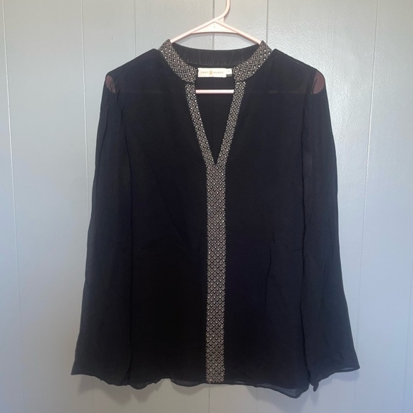 Tory Burch Tops - Tory Burch Black Chiffon Silk Beaded Blouse Size 4